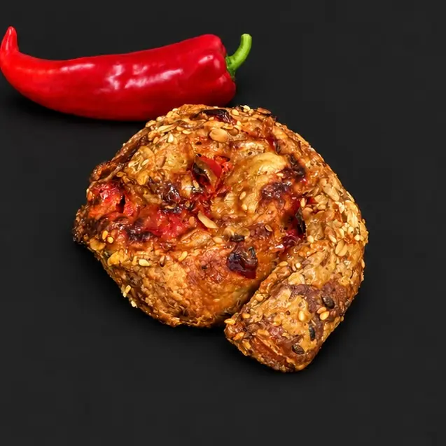 Partybrötchen mit Paprika und Frischkäse vor roter Paprika